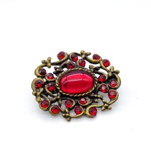 Vintage Ruby Red Sparkle Brooch, Gold Tone and Red Crystals with Oval Lucite